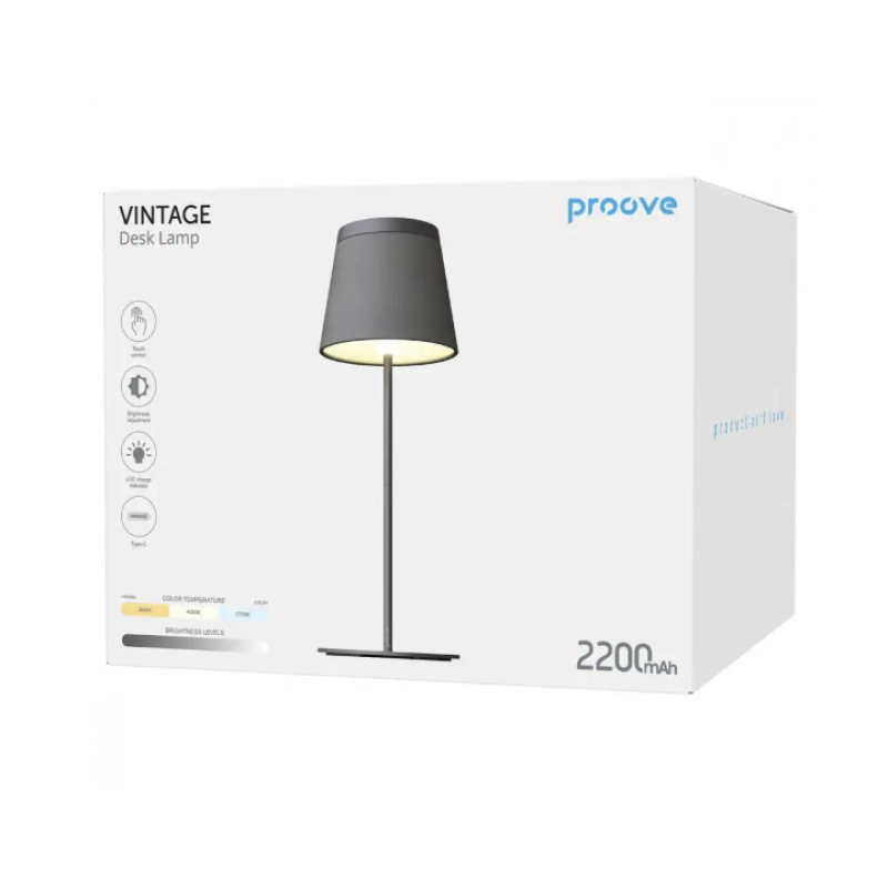 Proove Vintage Melna Led Galda Lampa Maināmu Gaismas Krāsu 5W Uzlādējamu Akumulatoru Ar Type-C